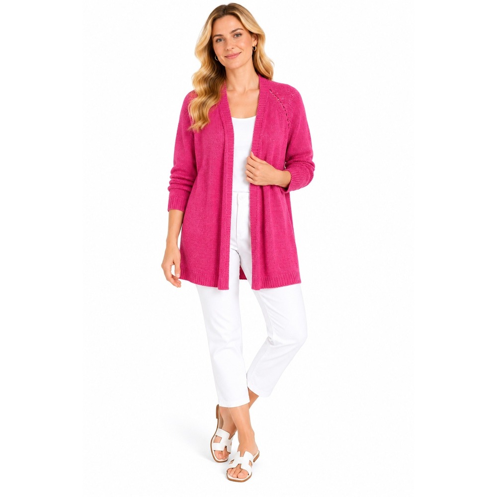 Coldwater Creek Cardigan L 14 Pink Pointelle Open Front Barbiecore Dopamine